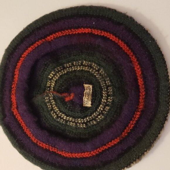 Vintage wool knit beret style cap in colorful stripe pattern, made in Canada main image 4